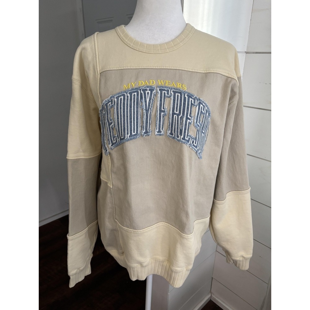 Teddy Fresh Sweatshirt Mens Large Beige Cream Colorblock Crewneck My Dad Wears
